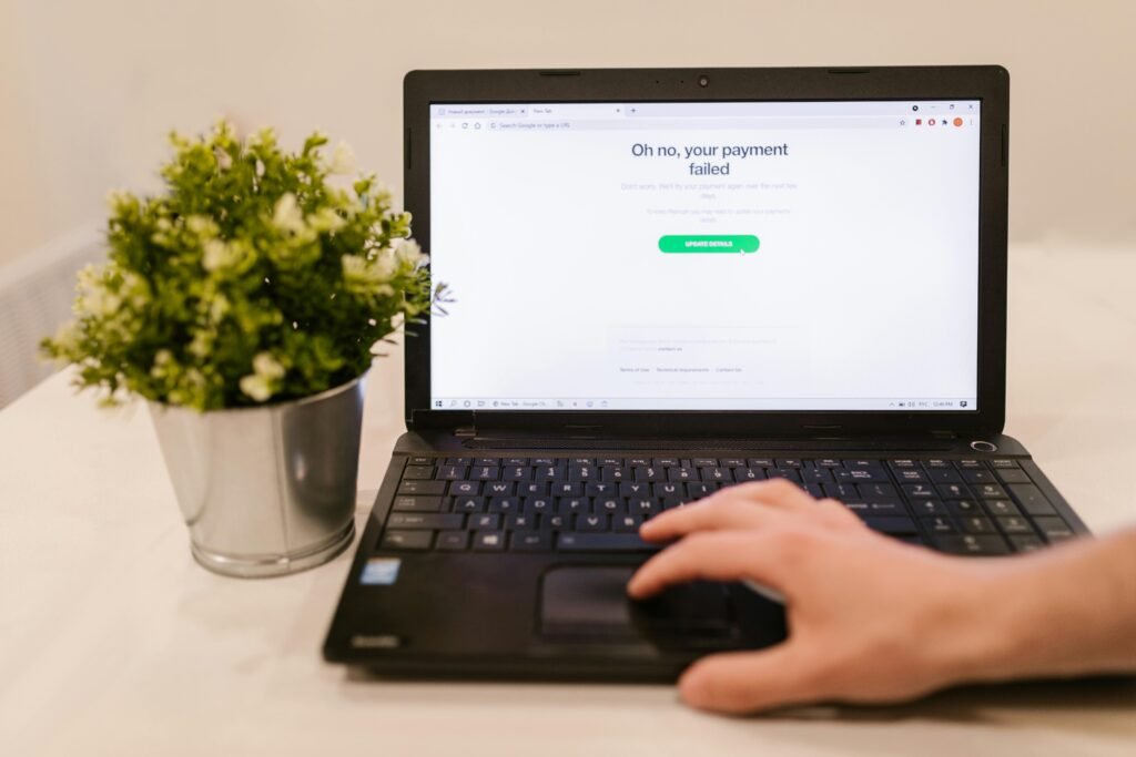 Person using laptop with payment failure message on screen and plant beside it.