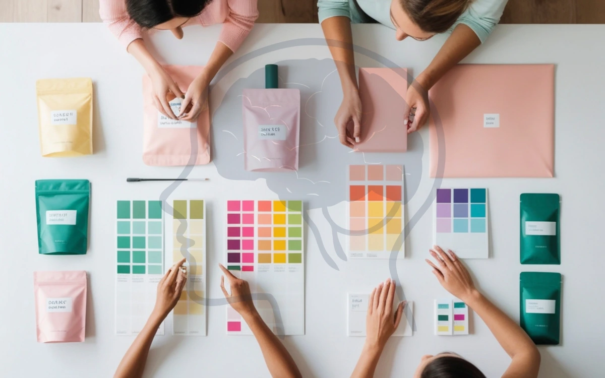 Color and shape psychology board for logo design showing palettes and symbol meanings