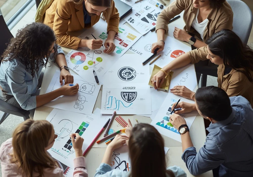 Design team refining logo concepts and typography on laptops and sketchbook
