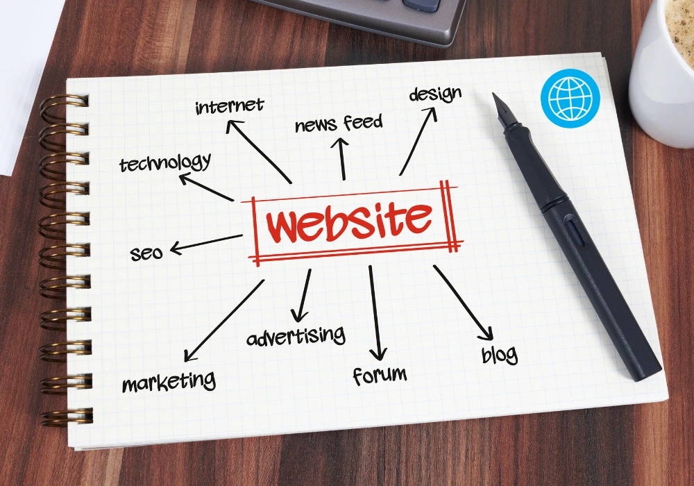 Design and marketing team reviewing a business website redesign on laptops and printouts